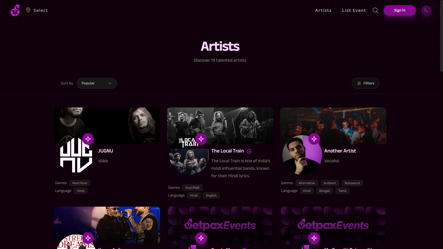 JetPax artist directory — performer profiles with media portfolios