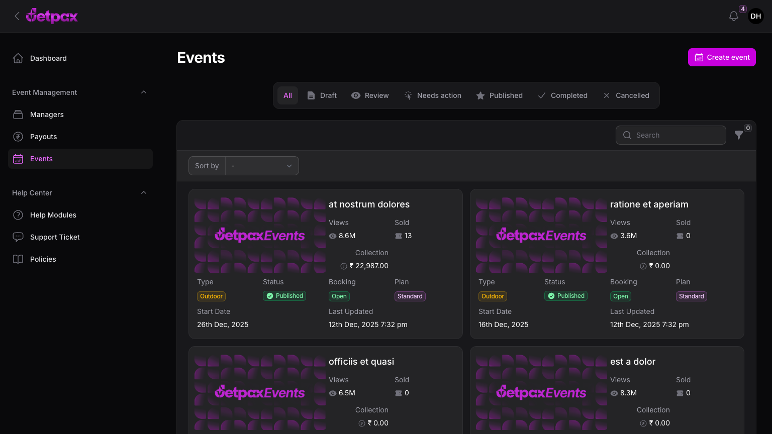JetPax host portal — event management dashboard listing live and draft events