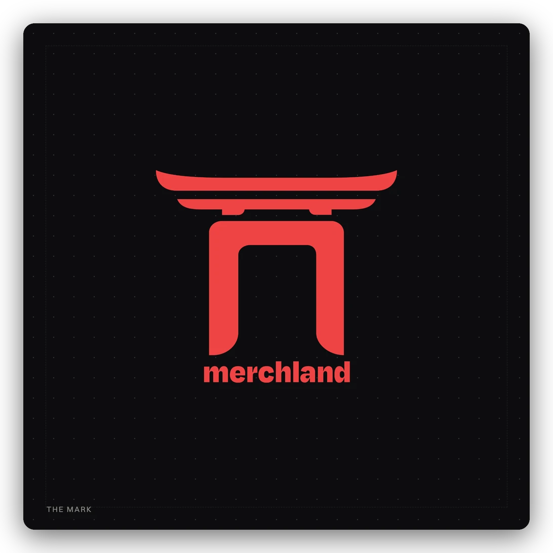 The Merchland mark — a torii gate in vermillion above the wordmark, set on the construction grid