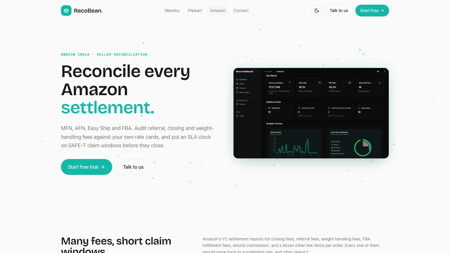 RecoBean's Amazon India view — MFN, AFN, Easy Ship and FBA fees audited against SAFE-T claim windows