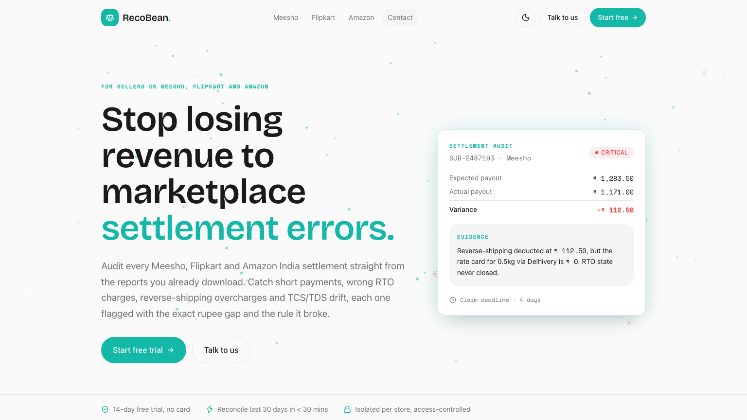 A RecoBean settlement flag — expected payout, actual payout, the rupee variance and the evidence behind it